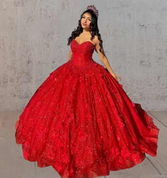 3D Flowers Glitter Sequins Sleeveless Quinceanera Dresses
