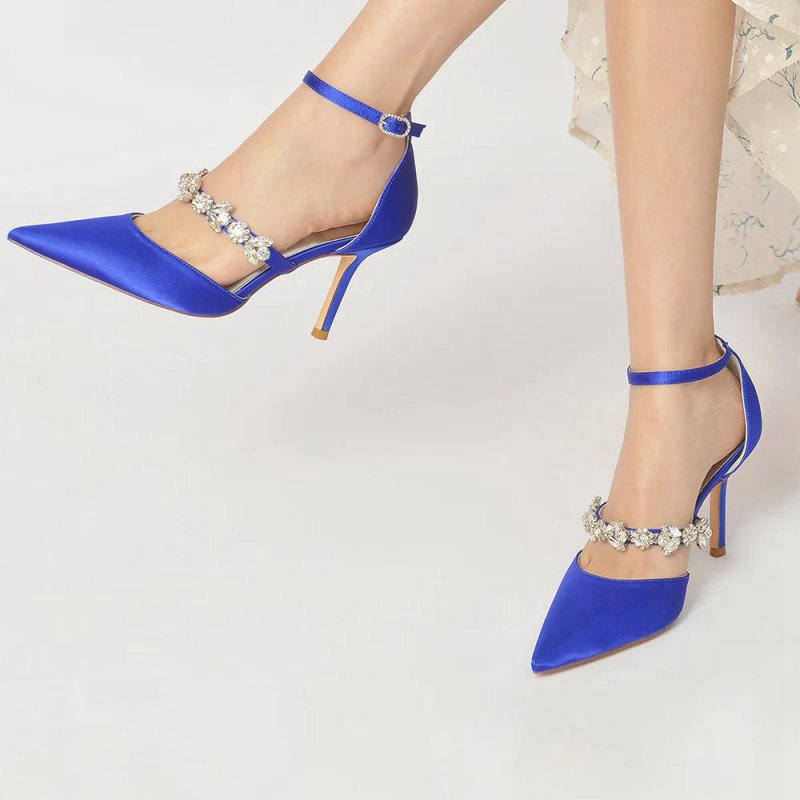 Crystal Strap Pointed Toe Satin High Heels
