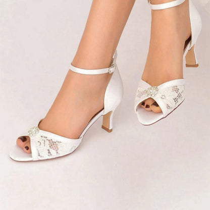 Lace Beaded Peep Toe Imitated Silk High Heels