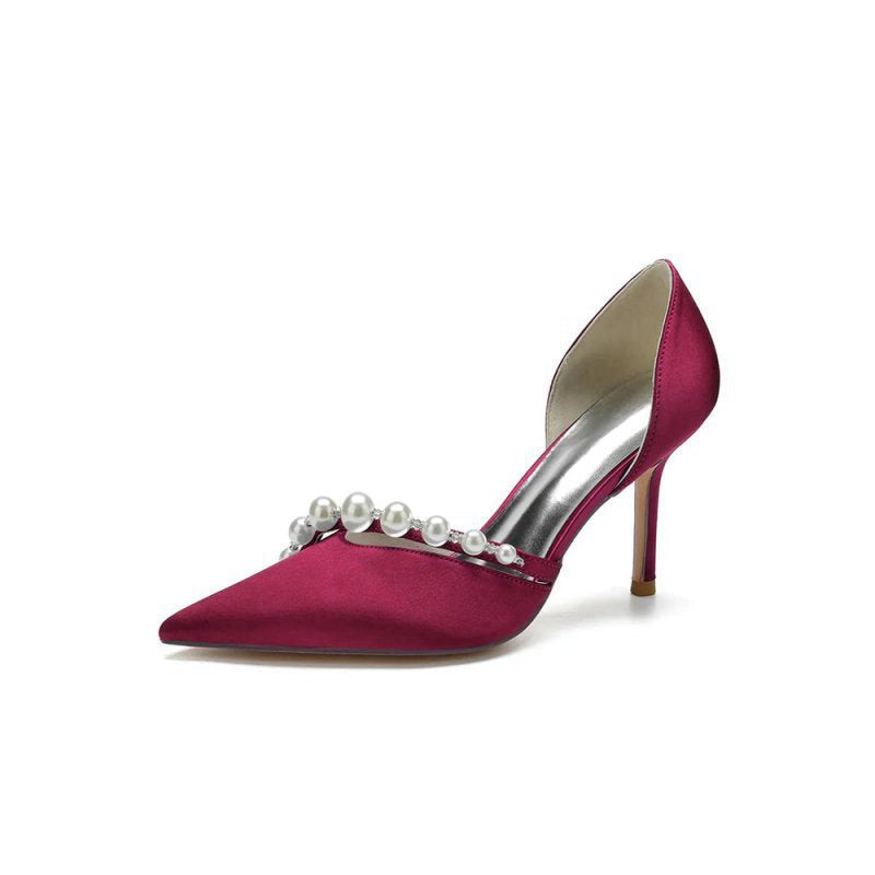 Pearl Strap Pointed Toe Satin High Heels