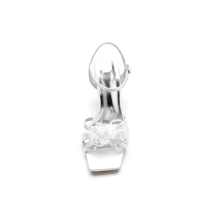 Square Toe Floral Beaded Ankle Strap High Heels