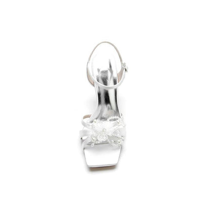Square Toe Floral Beaded Ankle Strap High Heels