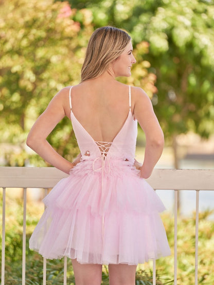 A-line Deep V Neck Tie Short Homecoming Dresses