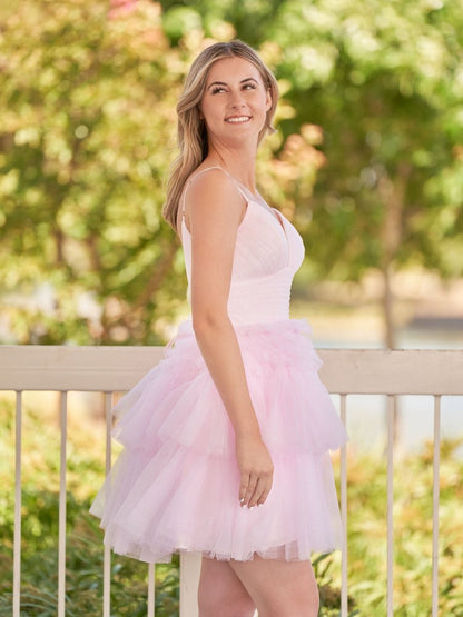 A-line Deep V Neck Tie Short Homecoming Dresses