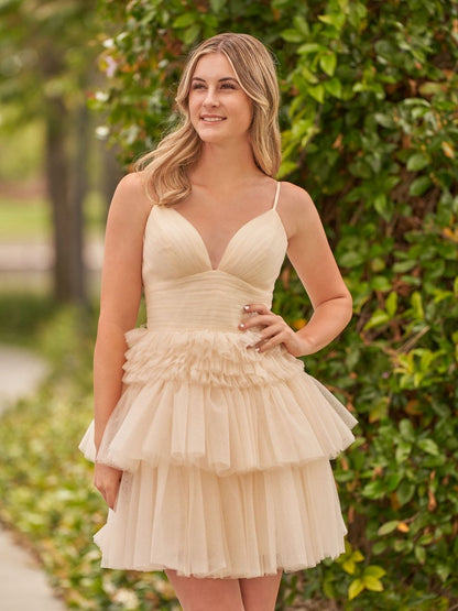 A-line Deep V Neck Tie Short Homecoming Dresses