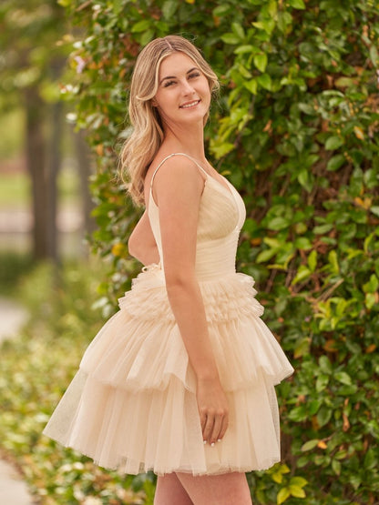 A-line Deep V Neck Tie Short Homecoming Dresses