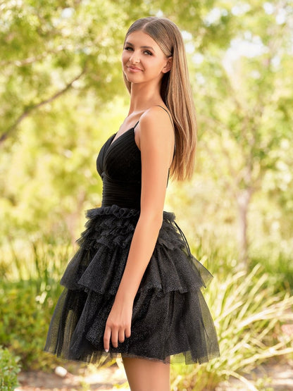 A-line Deep V Neck Tie Short Homecoming Dresses
