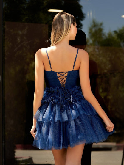A-line Deep V Neck Tie Short Homecoming Dresses