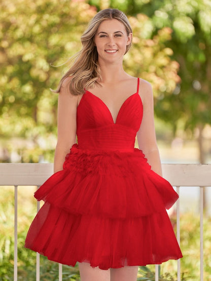 A-line Deep V Neck Tie Short Homecoming Dresses