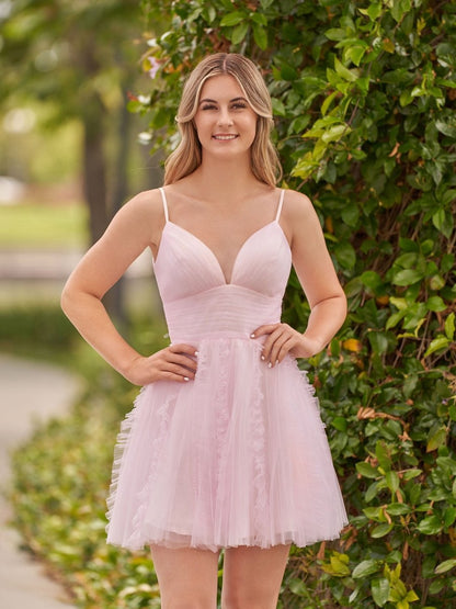 A-line Deep V Neck Ruched Short Homecoming Dresses