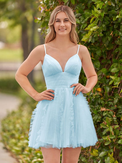 A-line Deep V Neck Ruched Short Homecoming Dresses