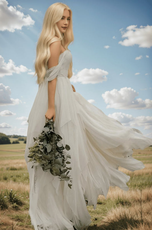 A-line Sweetheart Off-the-shoulder Chiffon Floor Length Wedding Dresses
