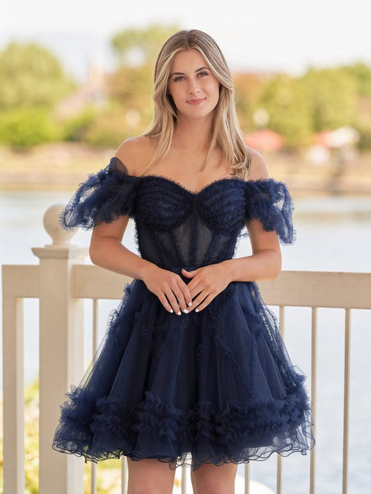 A-line Sweetheart Puff Sleeves Short Homecoming Dresses with Ruffles