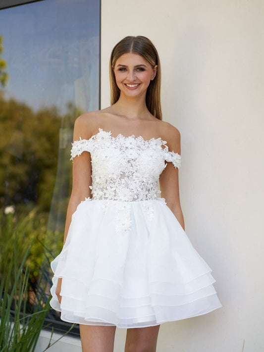 A-line Lace Organza Appliqued Off-the Shoulder Prom Dresses