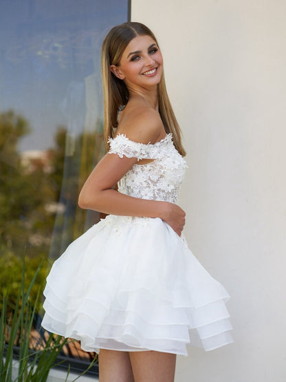 A-line Lace Organza Appliqued Off-the Shoulder Prom Dresses