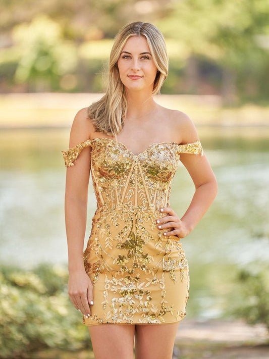Short Off the Shoulder Sheath Gold Kace Corset Homecoming Dresses