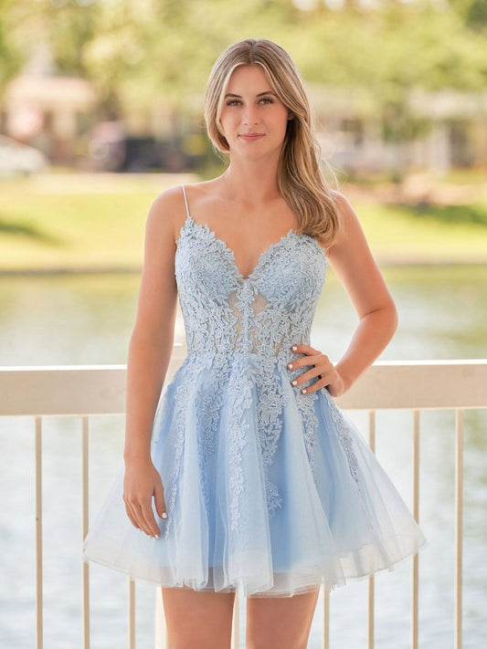 A-line Spaghetti-Straps Lace Homecoming Dresses with Appliques