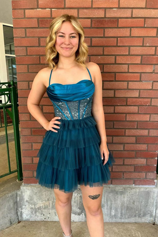 Peacock Spaghetti Straps A-line Tulle Tie Corset Homecoming Dresses