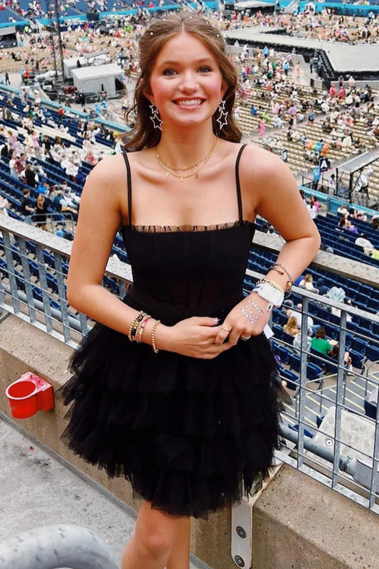 Spaghetti Straps Tulle Tie Short Homecoming Dresses