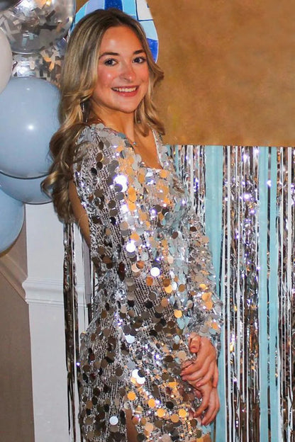 Sparkly Square Neck Sequins Long Sleeves Short Homecoming Dresses