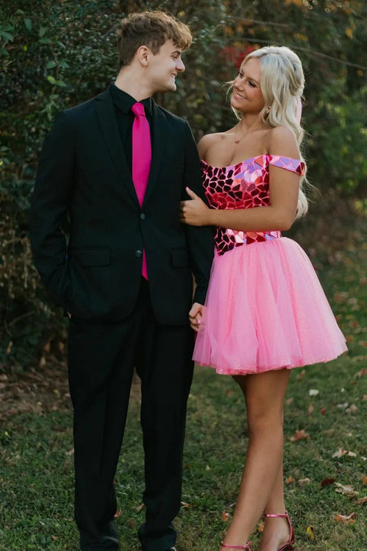 Glitter Off the Shoulder A-line Tulle Short Homecoming Dresses