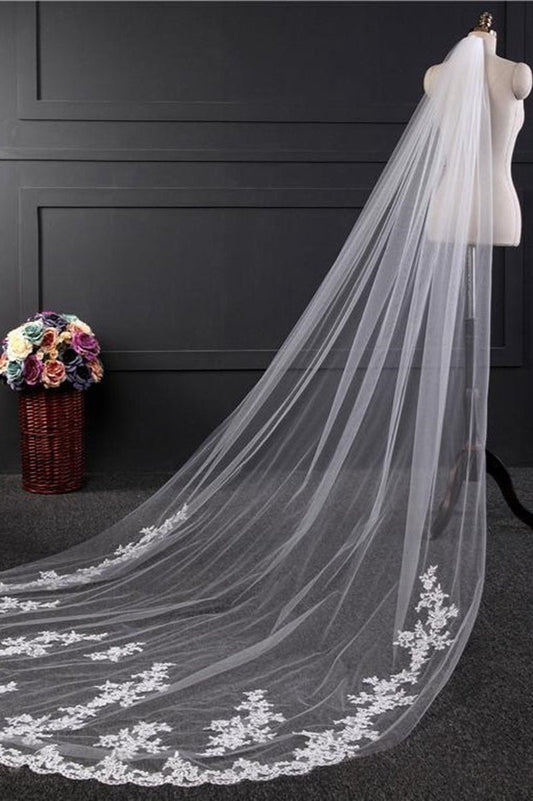 Vintage Long Wedding Veil with Flower Appliques