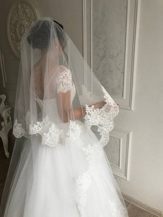 Vintage White Cathedral Lace Double Tiers Long Wedding veil