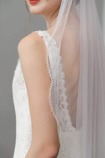Vintage Pearls Ivory With Beaded Scalloped Bridal Veil Wedding Veil