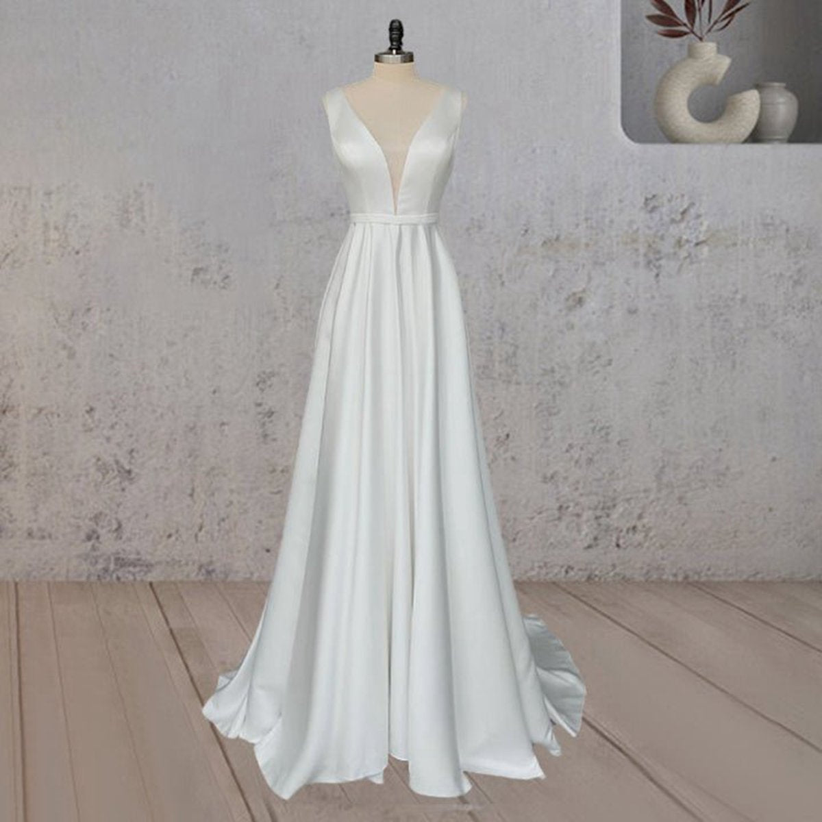 A-line Satin Elegant V Neck Wedding Dresses