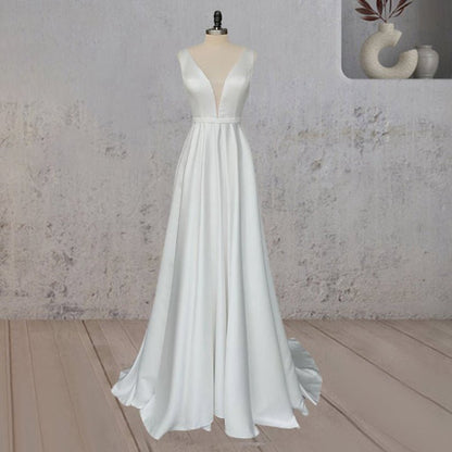 A-line Satin Elegant V Neck Wedding Dresses