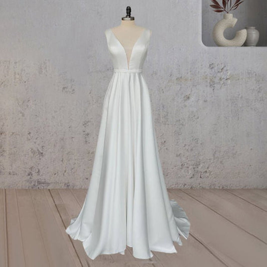 A-line Satin Elegant V Neck Wedding Dresses