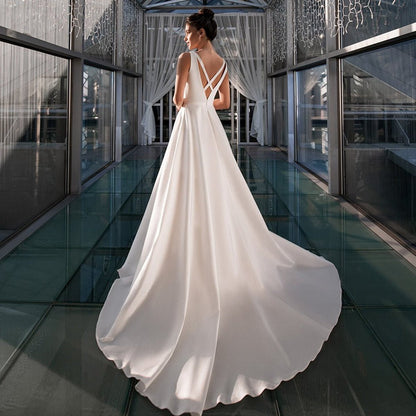 A-line Satin Elegant V Neck Wedding Dresses
