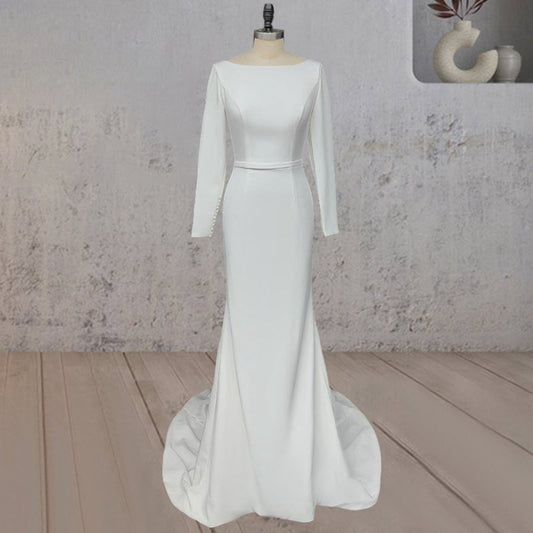 Mermaid Scoop Neck V Back Satin Wedding Dresses