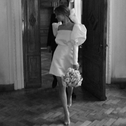 Satin Short Wedding Dresses with Puff Sleeves