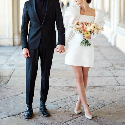 Satin Short Wedding Dresses with Puff Sleeves
