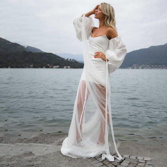 Modern Chiffon Minimalist Wedding Dresses with Detachable Long Sleeves