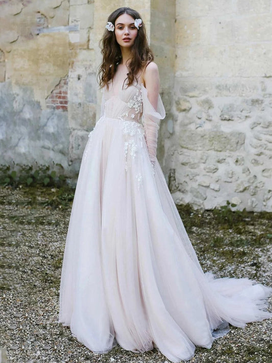 Off-The-Shoulder Tulle Illusion Sleeve Wedding Dresses with Appliques