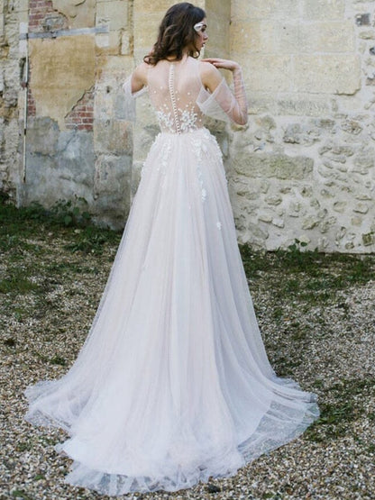 Off-The-Shoulder Tulle Illusion Sleeve Wedding Dresses with Appliques