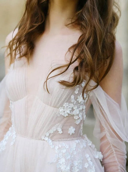 Off-The-Shoulder Tulle Illusion Sleeve Wedding Dresses with Appliques
