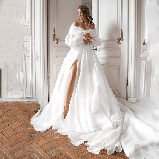 A-line Off the Shoulder Wedding Dresses with Slit