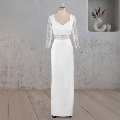 Sheath V Neck Satin Long Wedding Dresses