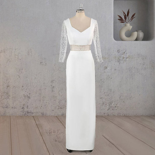 Sheath V Neck Satin Long Wedding Dresses