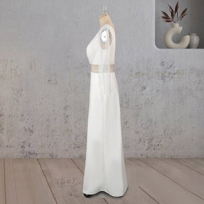 Sheath V Neck Satin Long Wedding Dresses
