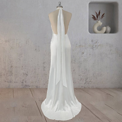 Sheath Satin Backless Halter Wedding Dresses
