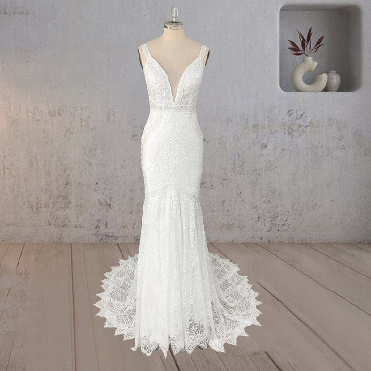Mermaid V Neck Illusion Wedding Dresses