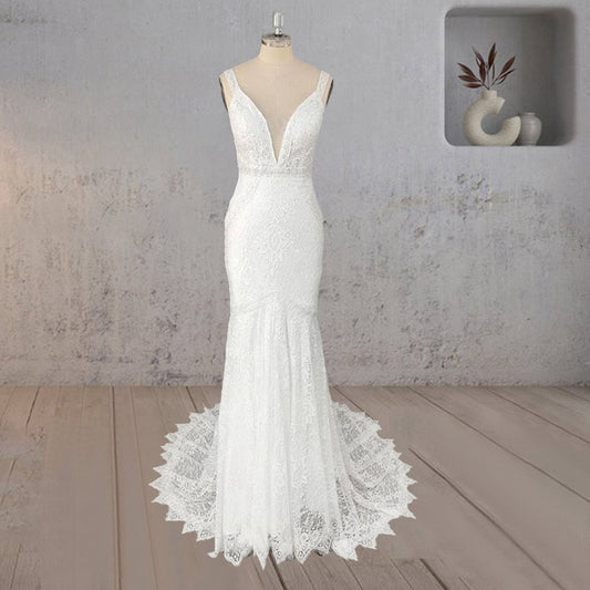 Mermaid V Neck Illusion Wedding Dresses
