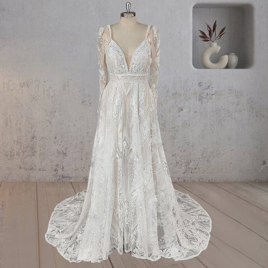 A-line Spaghetti Straps Bohemian Wedding Dresses with Detachable Long Sleeves
