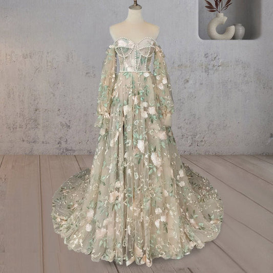 A-line Light Sweetheart Pearl Wedding Dresses