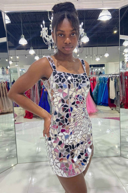 Square Neck Cut Mirror Sequin Bodycon Homecoming Dresses