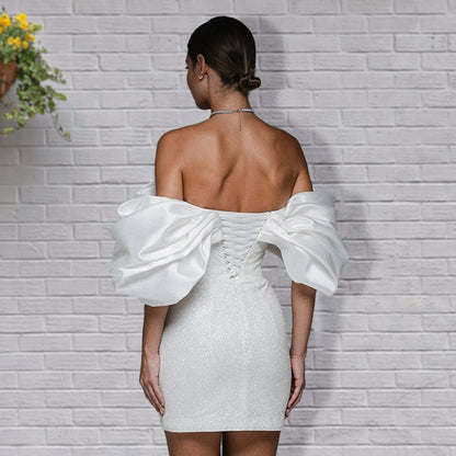 Sheath Glitter Short Off-the-Shoulder Wedding Dresses with Lace-Up Back